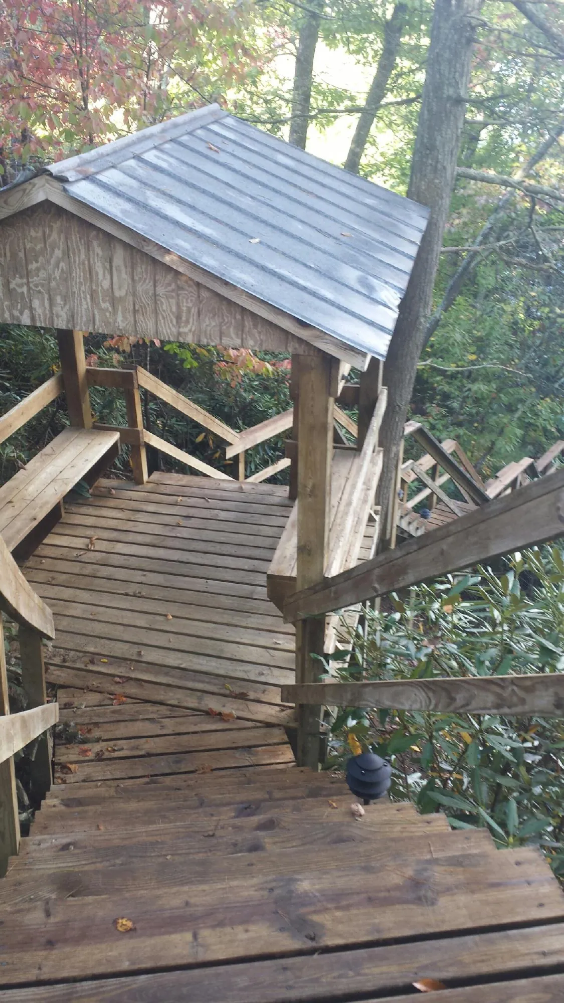 Metal roofed shelter over wooden steps on a wooded walkway — Skylight Repair & Installation work by our crew in Hansen